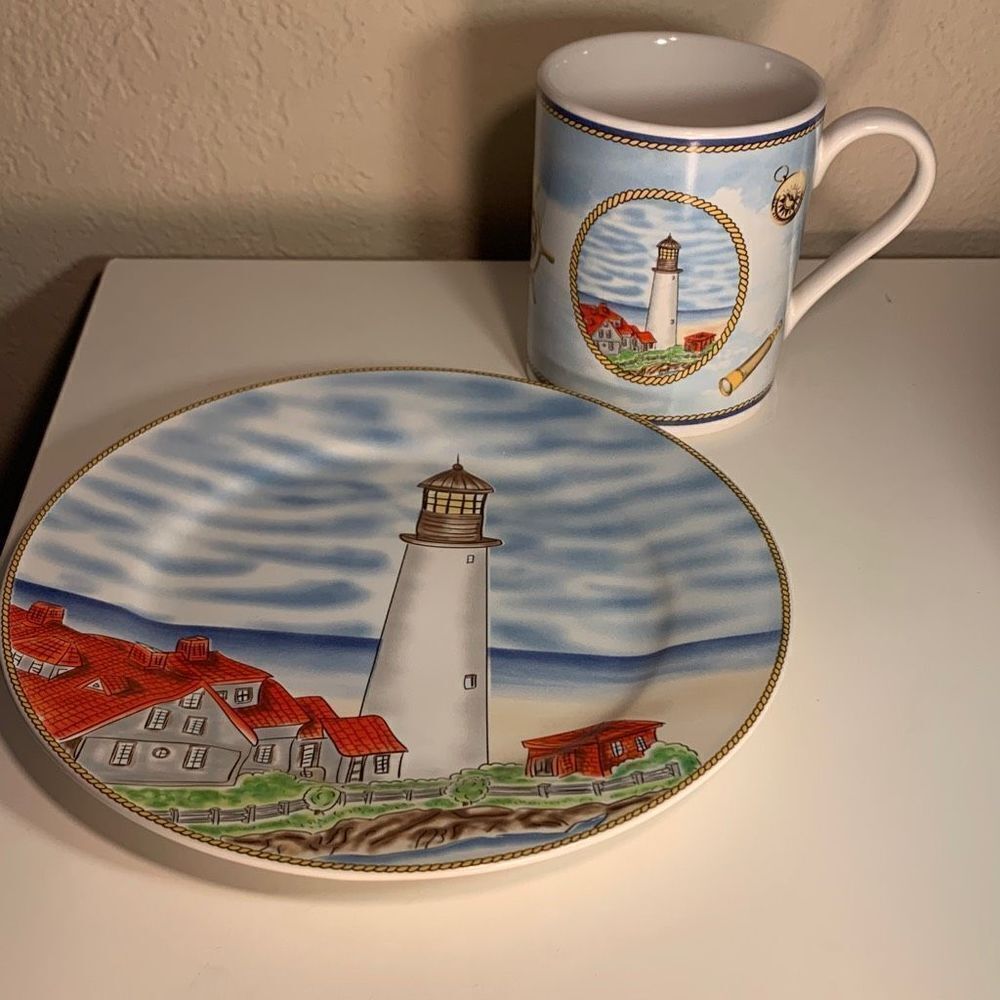 Royal Norfolk Coffee Mug and Dish. Portland Head Light, Maine Lighthouse